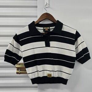 FB County Youth XL Girls Charlie Brown Striped Knit Crop Polo Shirt Black White